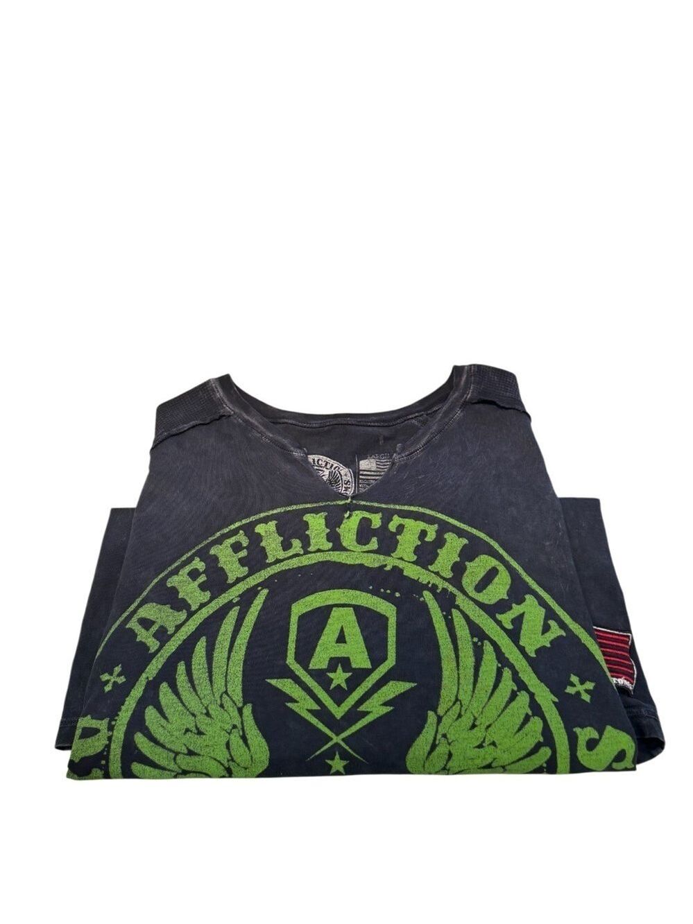 Affliction Men's Graphic Tee Neon Green Skull Wings in His Size Large - Picture 7 of 8